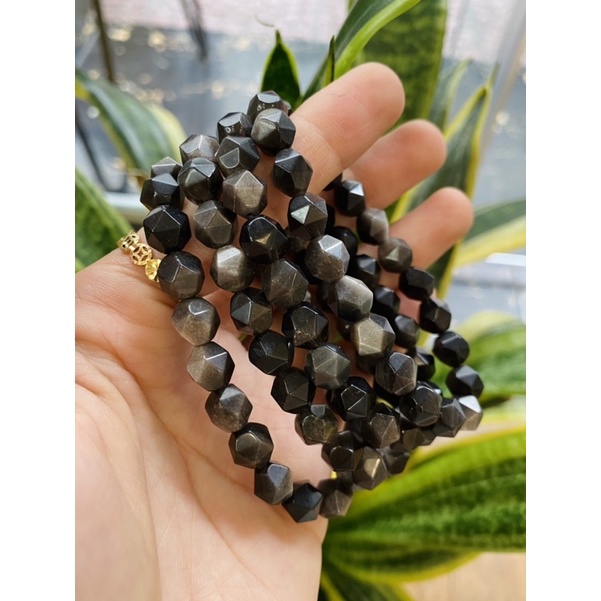 Vòng tay đá Năng Lượng Bảo Vệ, Đá Silver Sheen Obsidian hạt facet, Đá Healing ánh bạc
