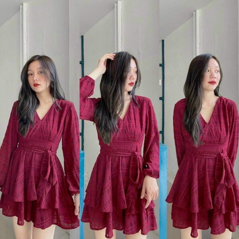 Jumpsuits đỏ dài tay vải cotton xước có dây buộc nơ eo