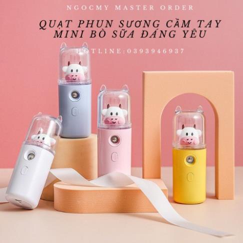 Quạt Phun Sương Cầm Tay MiNi Hình Bò Sữa - Tích Điện Phun Sương Hơi Nước Tạo Ẩm (Hot)