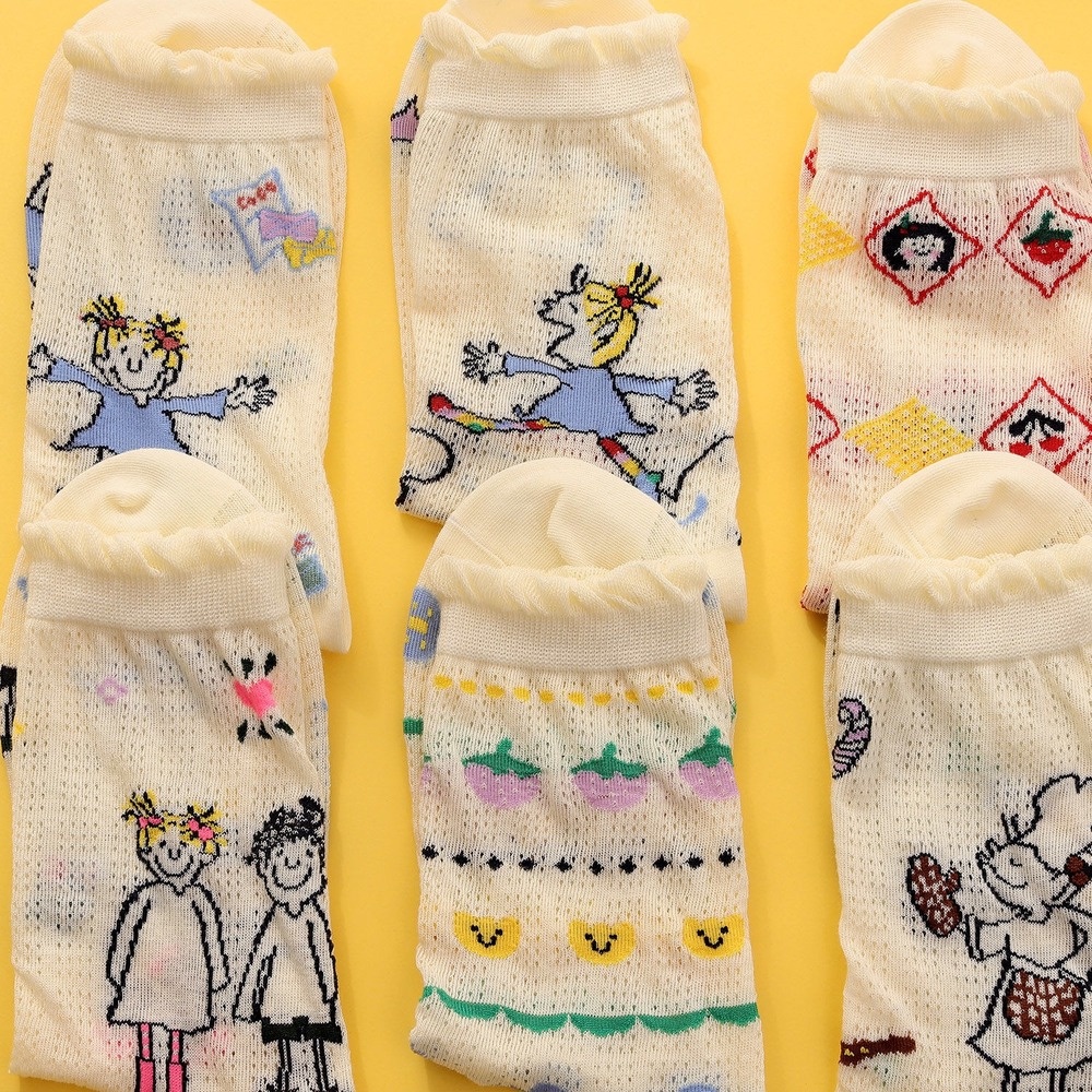 Set 2 đôi vớ mỏng phối ren họa tiết hoạt hình anime phong cách Nhật bản