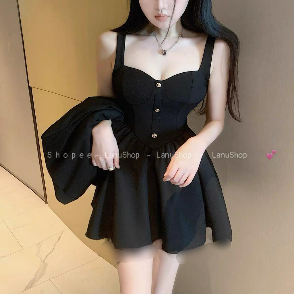 [Sẵn] Váy đen 2 dây siêu xoè tôn eo, Đầm dự tiệc đen đính cúc sang chảnh LanuShop