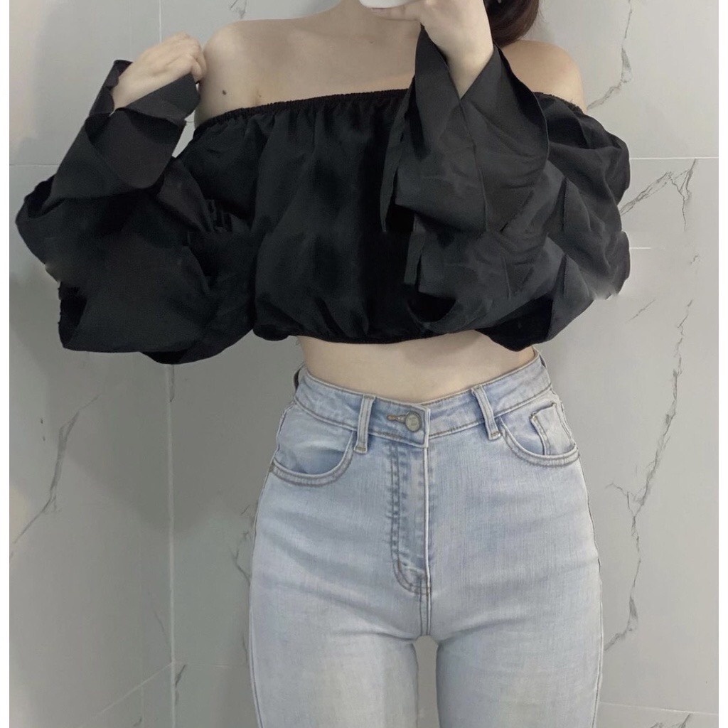 Áo Croptop Trễ Vai RANSHI Áo Bánh Bèo Hở Vai Ống Tay Dạng Loe Thiết Kế Mới Lạ Siêu Xinh Xắn Hấp Dẫn - RA060
