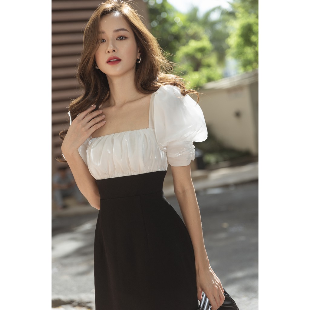 RECHIC Đầm Teagan màu đen cổ vuông dáng ngắn phối oganza xinh xắn trẻ trung | BigBuy360 - bigbuy360.vn