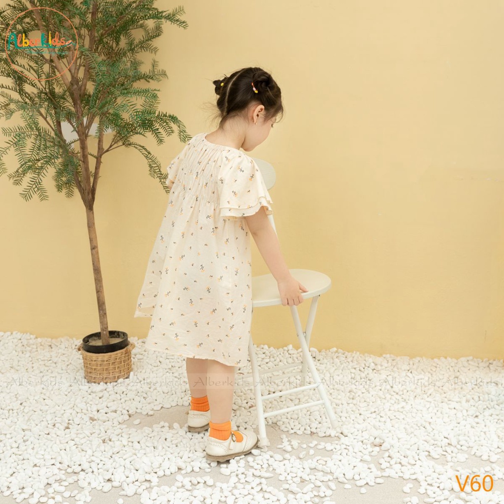 Váy bé gái ALBERKIDS chun ngực họa tiết hoa cam tay cánh tiên xinh đẹp cho trẻ em 2,3,4,5,6,7,8,9,10,11,12 tuổi[V60]