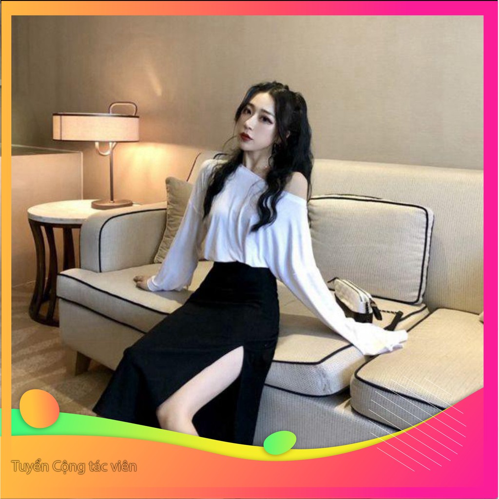 Dọn kho 11427-7B1 Áo thun trễ vai lụa tay dài cá tính Dọn kho