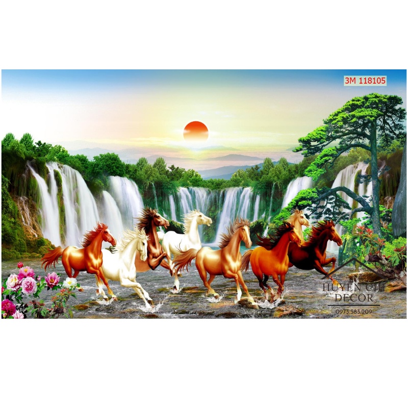 Tranh dán tường 3d Mã Đáo Thành Công- Bát mã - Huyền Chi - vải lụa cao cấp tặng kèm keo dán