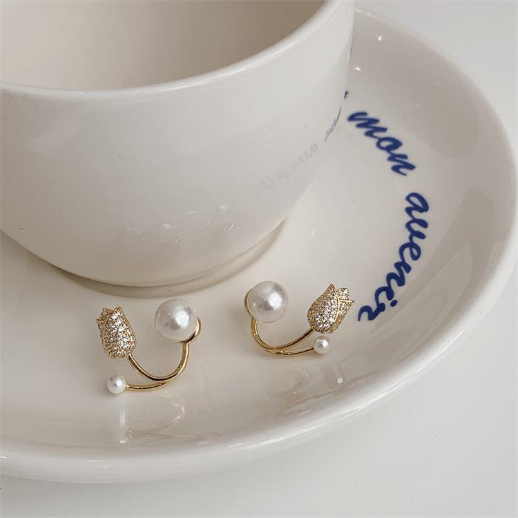 Bông Tai Mạ Bạc 925 Hình Hoa Tulip Đính Ngọc Trai Hai Đầu Thời Trang 2022