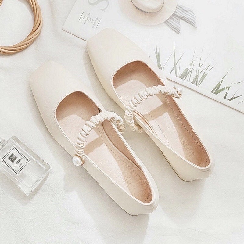 Giày nữ ulzzang vintage quai chun ngang đính đá 2 màu trắng kem GIÀY NỮ ULZZANG HÀN QUỐC－ ＨÀＮＧ ＣÓ ＳẴＮ