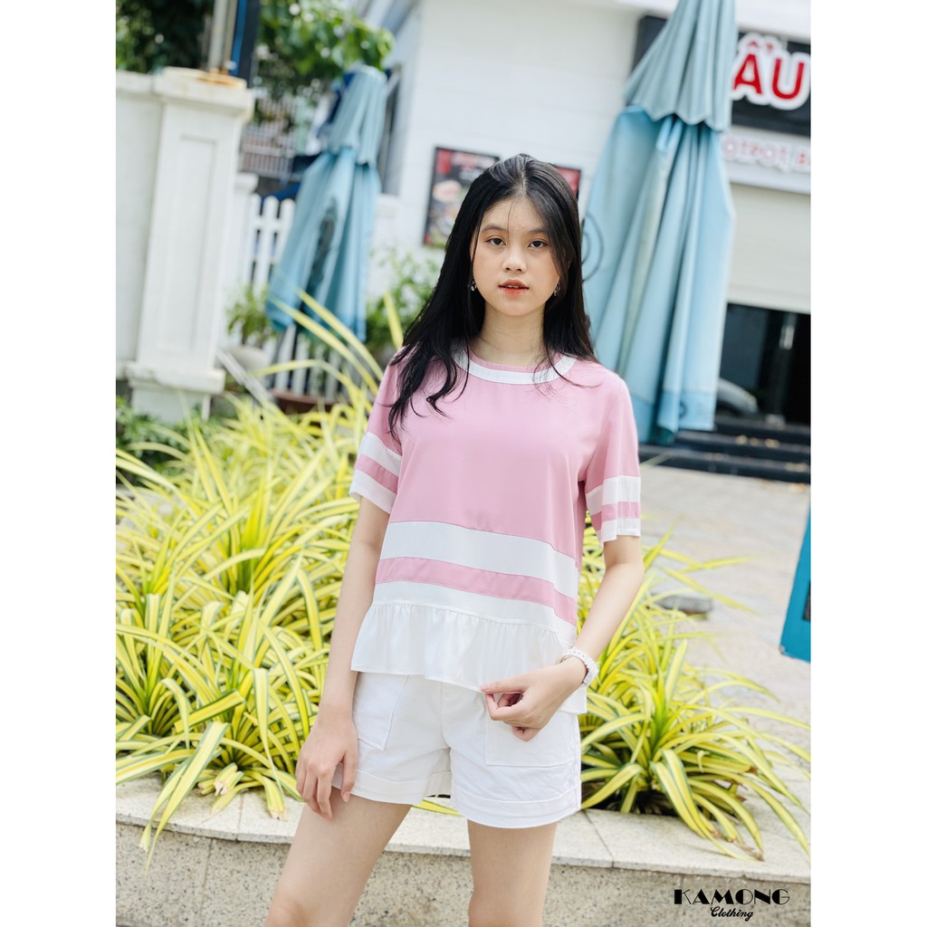 Áo kiểu bèo trắng phối màu KAMONG A016 | BigBuy360 - bigbuy360.vn