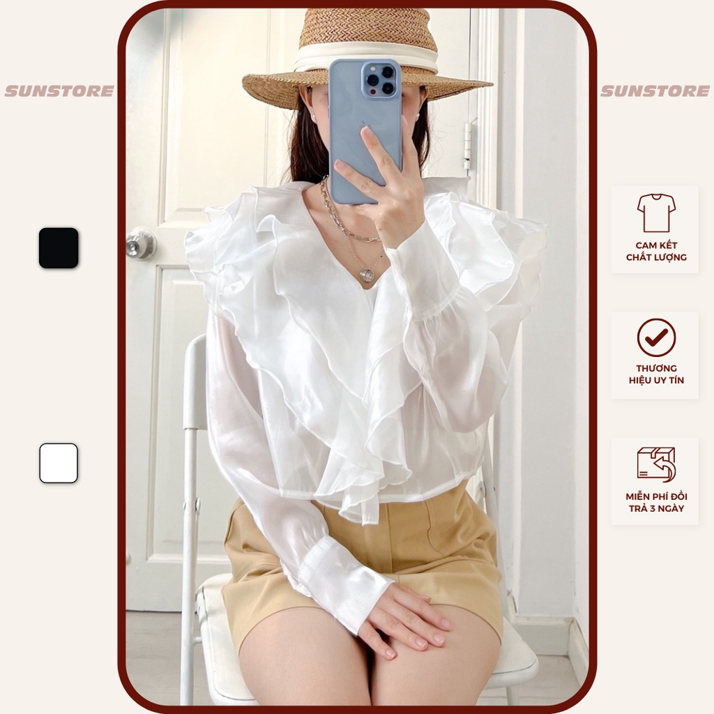Áo kiểu nữ croptop tay dài cài nút chất liệu organza sang chảnh freesize form chuẩn 2 màu đen và trắng