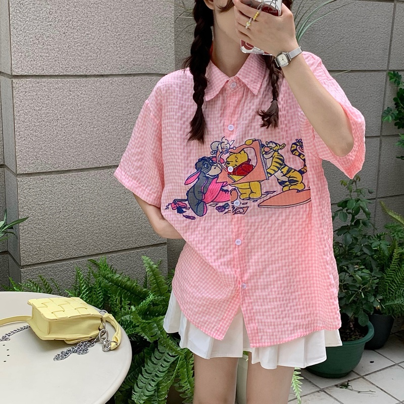 SUXI Áo Sơ Mi Tay Ngắn Dáng Rộng In Họa Tiết Hoạt Hình Kiểu Vintage Thời Trang Mùa Hè Cho Nữ