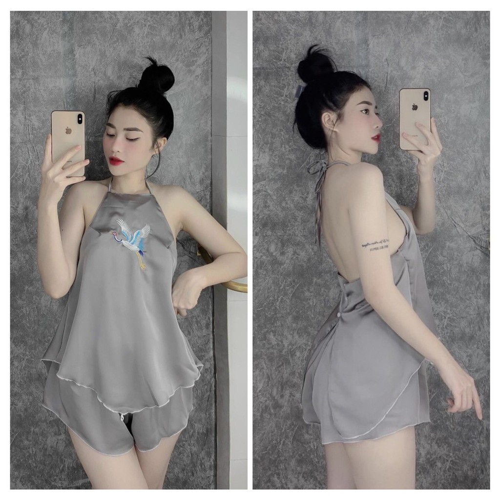 HÀNG CÓ SẴN  Đồ bộ ngủ nữ lụa 2 dây sexy quyến rũ vải satin cao cấp thoáng mát thêu hạc nhiều màu hở lưng