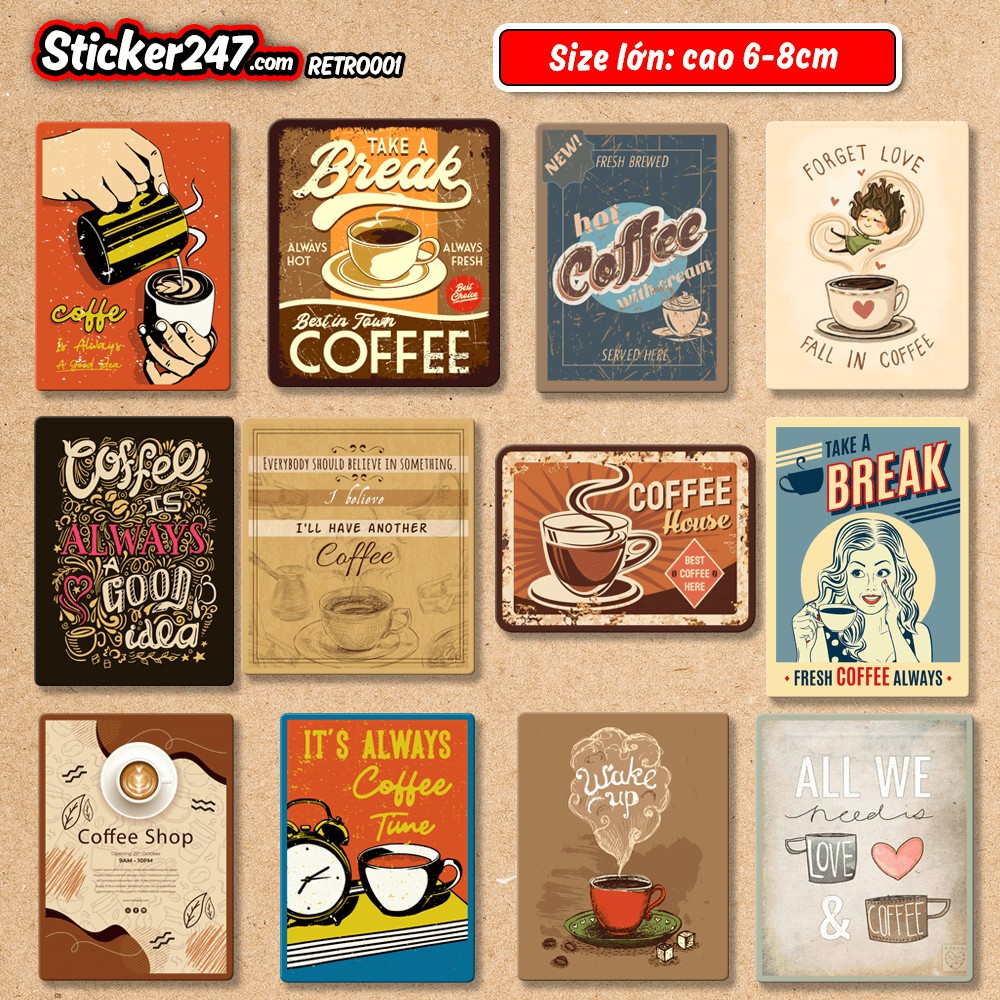 Sticker Vintage Retro Chủ đề Coffee 𝑭𝒓𝒆𝒆𝒔𝒉𝒊𝒑 chống nước, hình decal dán laptop, ipad, mũ bảo hiểm,vali, guitar, ipad