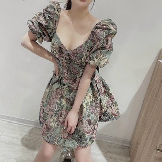 [GA08] Đầm Gấm Dạ Hoa, Cổ Vuông, Tay Phồng, Thích Hợp Cho Nàng Đi Chơi, Đi Bar, Đi Tiệc - Màu Xanh Ngọc - ẢNH THẬT