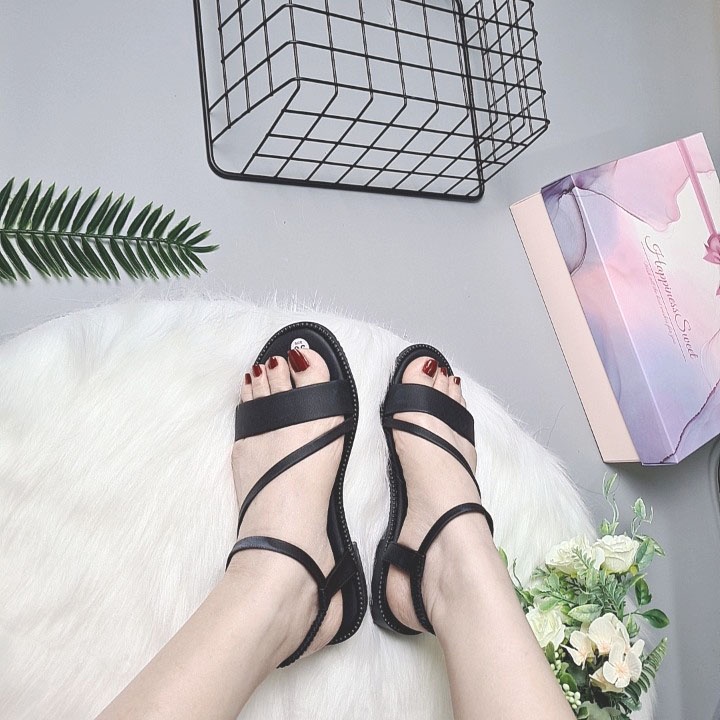 Sandal nữ đi học hàn quốc STYFANI, Giày quai hậu nữ đế bằng dây chéo quải mảnh đi êm chân