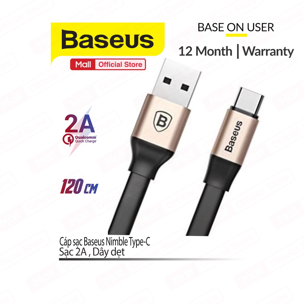 Cáp sạc 2A Baseus Nimble Type-C dây dẹt chống rối cho Android dài 120CM