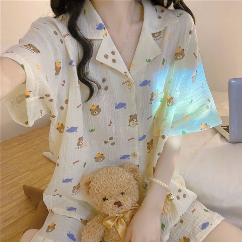 Bộ Đồ Ngủ Ngắn Tay In Họa Tiết Đơn Giản Thời Trang Hàn Quốc