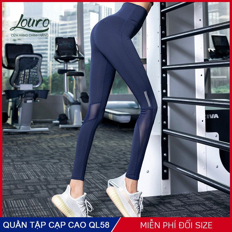 Quần tập gym nữ phối lưới cao cấp Louro QL58, kiểu quần tập gym nữ legging, chất liêu đẹp co giãn cực tốt