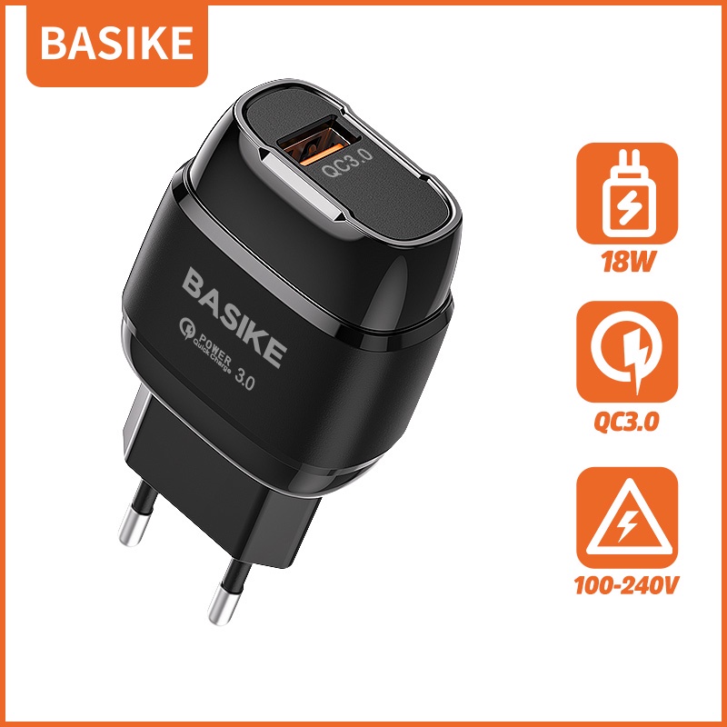 Củ sạc nhanh BASIKE-AE95 cổng USB 18W 3A chất liệu ABS + V0 chống cháy có đèn LED