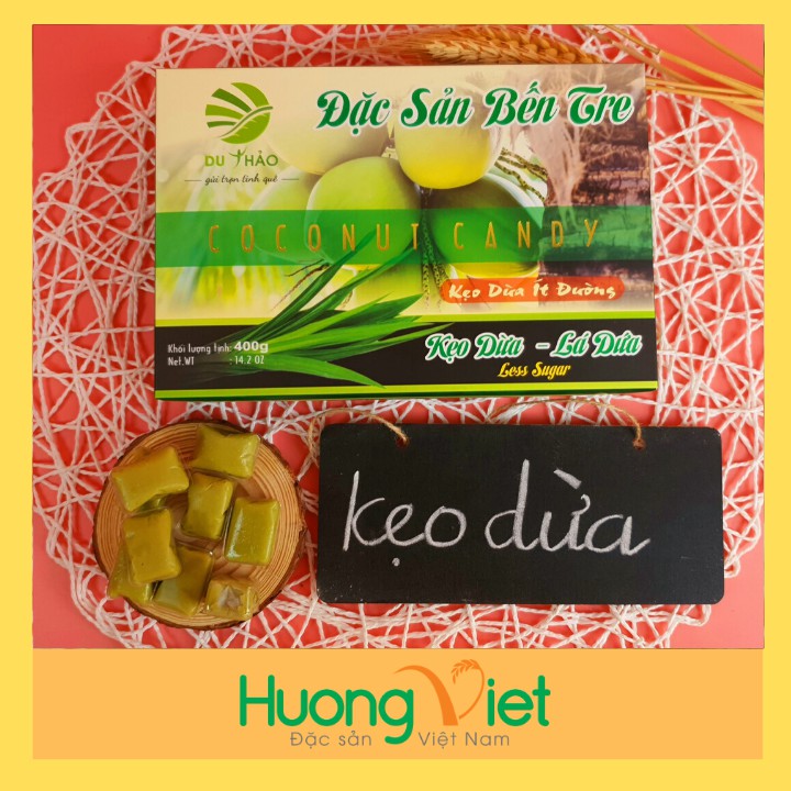 Kẹo dừa lá dứa ít đường Du Thảo 400g, kẹo dừa Bến Tre, kẹo dừa ít ngọt