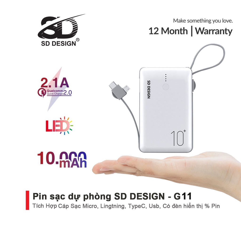 Sạc dự phòng Mini chính hãng SD DESIGN G11 dung lượng 10.000 mAh có đầy đủ chân sạc cho mọi điện thoại