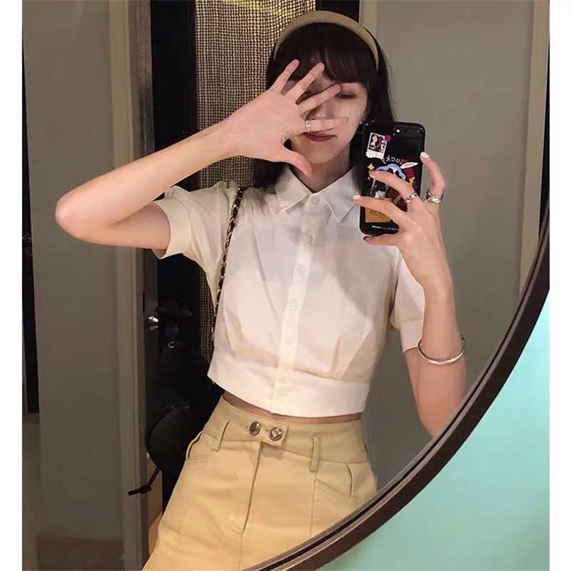Áo sơ mi ngắn tay croptop siêu xinh, mặc chung với gi-lê