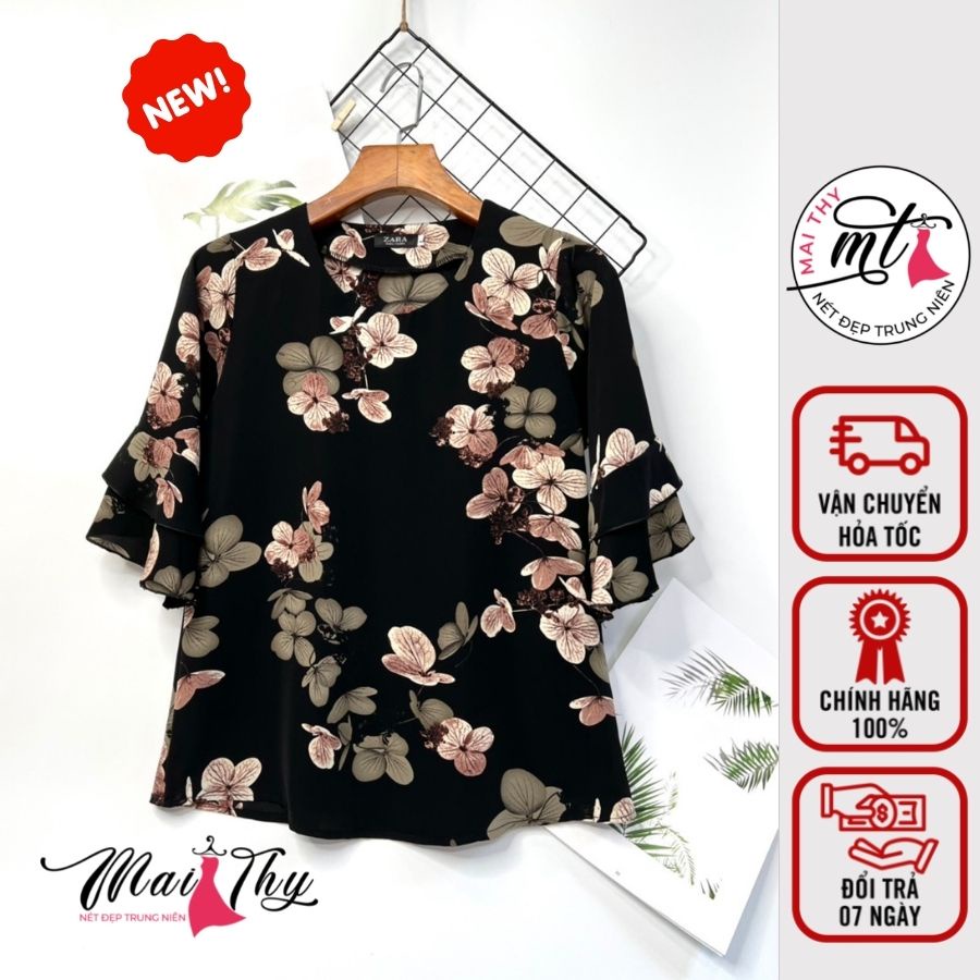 Áo Trung Niên Nữ MT127, Mẫu Áo Kiểu Tay Xếp Tầng Chất Lụa Cổ Tròn Hoạ Tiết Hoa Xinh Xắn | Thời Trang Trung Niên U40+