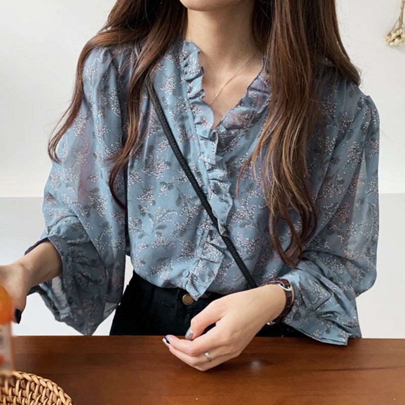 Áo nữ vải chiffon dáng rộng tay bo phồng họa tiết hoa duyên dáng phong cách Hàn