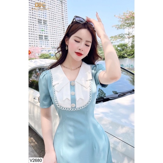 V2680 - váy dáng chữ A màu xanh