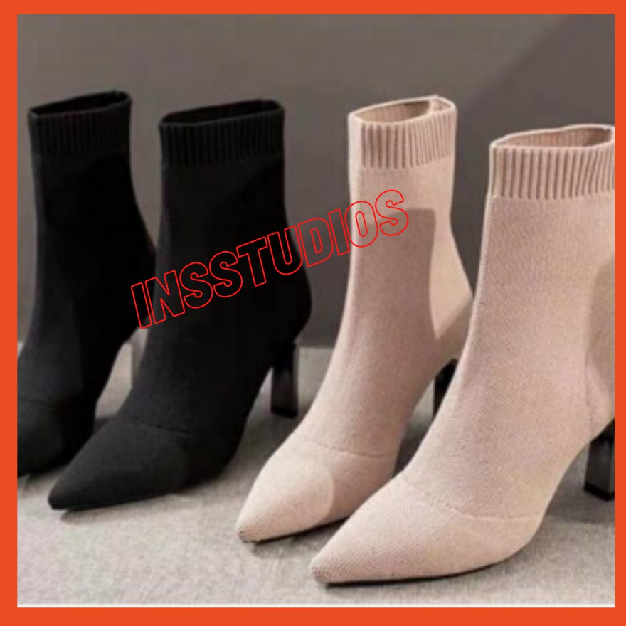 Bốt nữ len thời trang, Bốt len lửng tráng gương gót mảnh cao cấp sang chảnh phong cách mùa đông Hàn Quốc