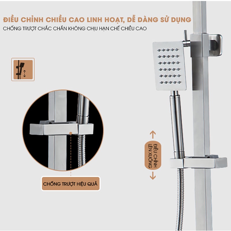 [RẺ VÔ ĐỊCH] Bộ sen cây tắm NÓNG Lạnh kiểu VUÔNG (Dòng Mới) STN-119 inox sus304 Điều chỉnh được chiều cao