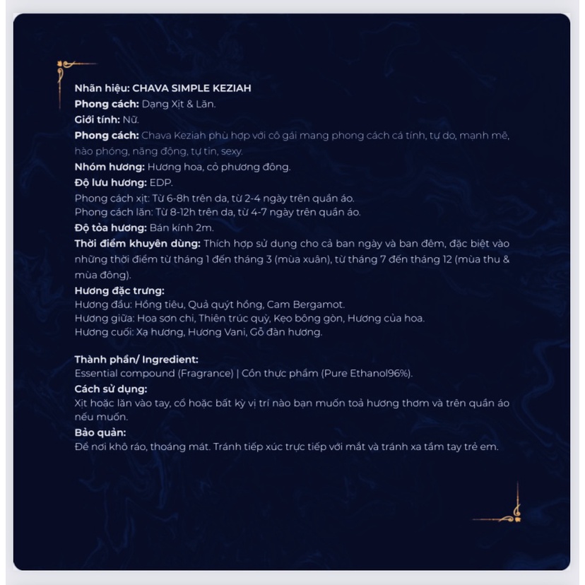 Nước Hoa Nữ - Nước Hoa CHAVA KEZIAH  50ml Chính Hãng - theo Tiêu Chuẩn Pháp