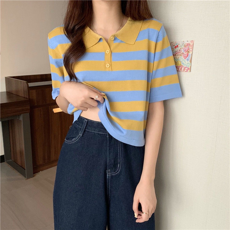 HPCL📣Áo Sweater ngắn tay họa tiết kẻ sọc phong cách Hàn quốc | BigBuy360 - bigbuy360.vn