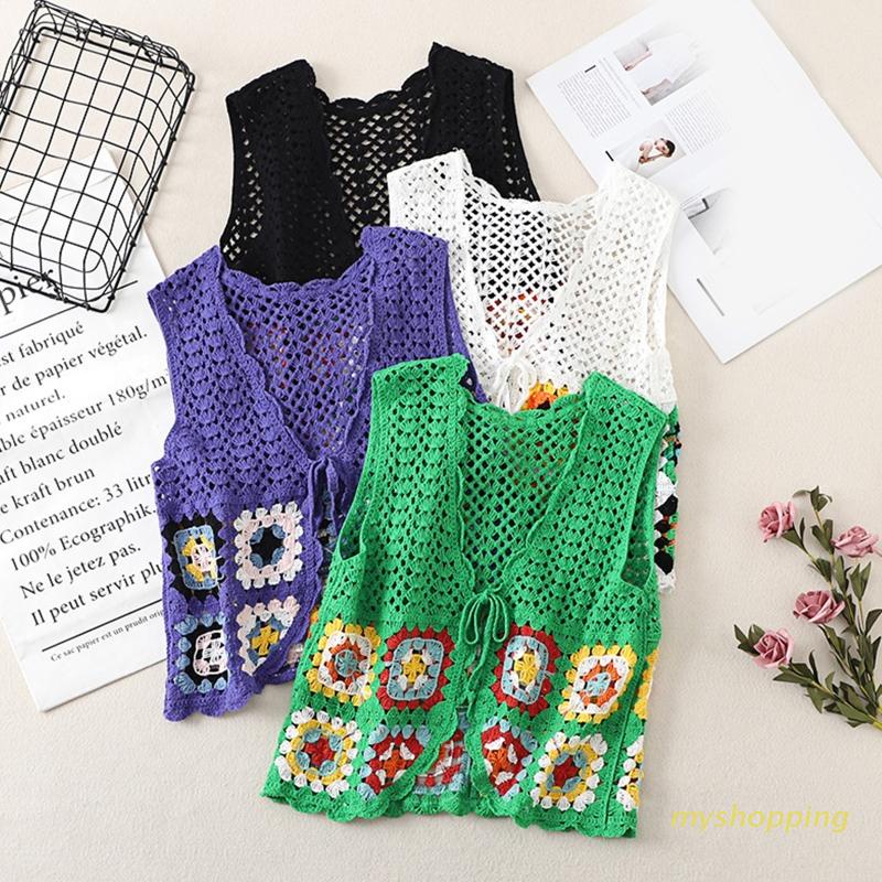 Áo Khoác Cardigan Đan Len Không Tay Dây Buộc Trước Hở Ngực Phong Cách Dân Tộc Dành Cho Nữ