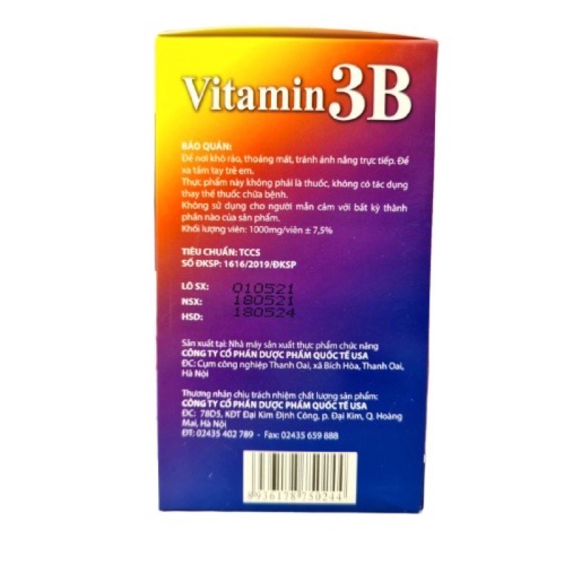 Viên Uống Bổ Sung Vitamin B ❤️CHÍNH HÃNG👍 Vitamin 3B ❤️ hỗ trợ bổ dây thần kinh, chống tê bì chân tay hộp 100 viên