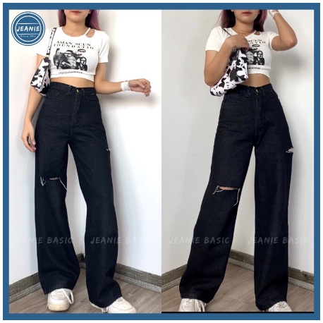 Quần Jeans BAGGY Loang Rách Quần Jeans Nữ Ống Suông Dài Rách Gối Quần Jean Loang Xanh Đen -CHUẨN HÀN KR STYLE Free Ship