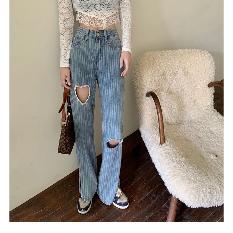 Quần Jean Dài Ống Rộng Thiết Kế Rách Thời Trang Hàn Quốc Cá Tính Trẻ Trung