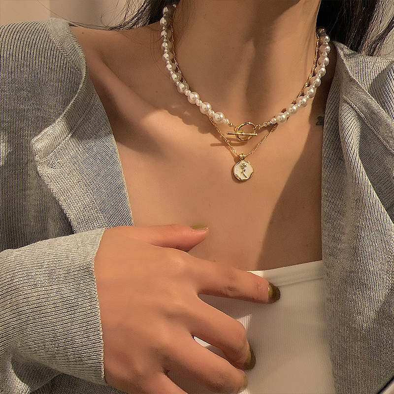 Vòng cổ mạ vàng AY mặt hoa hồng đính hạt ngọc trai thời trang thanh lịch