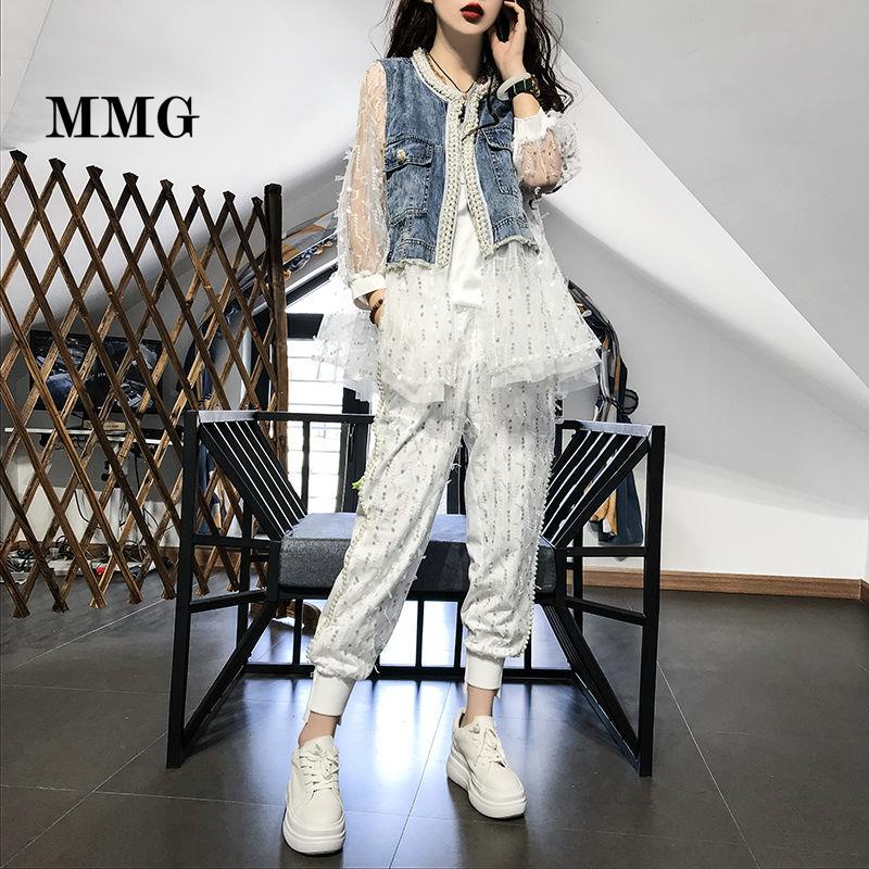 Bộ Áo Khoác Denim + Quần Jean Phối Ren Thời Trang Châu Âu 2020 Cho Nữ