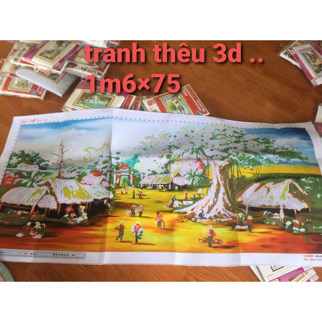 Tranh thêu đồng quê KT:120x60cm,160x70cm,Tranh chưa thêu.Tặng kéo và xỏ chỉ.