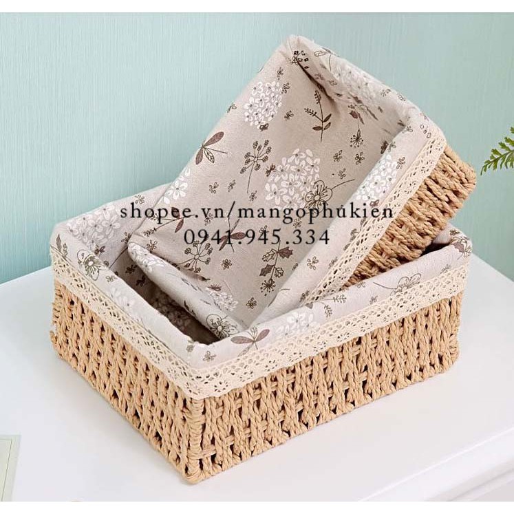 Rổ mây vintage hoa nhí đi picnic để bàn decor góc làm việc (Giỏ mây lót vải hoa nhí đựng đồ ăn vặt đồ trang điểm)