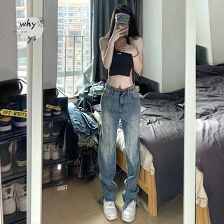 Quần jean dài dáng suông rộng xẻ tà kiểu retro mỹ cá tính
