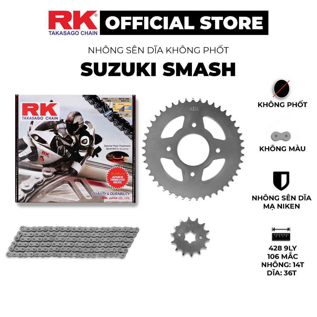 Nhông Sên Dĩa RK Takasago chain dành cho xe máy Suzuki Smash - GD110 9 ly thép không phốt cao su