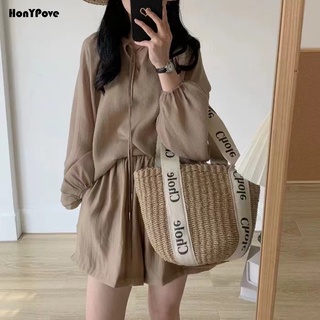 Honypove set áo sơ mi tay dài và quần short thời trang phong cách cho nữ
