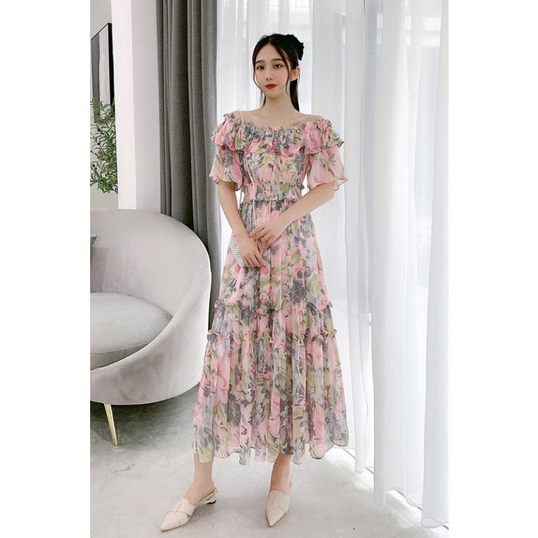 Váy hoa nhí trễ vai Váy hoa nhí trễ vai LUHAZO  maxi đi biển bèo dáng dài trắng chun eo xoè kiểu Hàn Quốc LUHAZO DK7T102