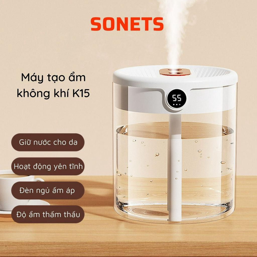 Máy Phun Sương Tạo Ẩm Không Khí SONETS Máy Phun Dung Tích Lớn K15, Phun Sương Tạo Ẩm Phòng Ngủ Màn Led Hiển Thị Độ Ẩm