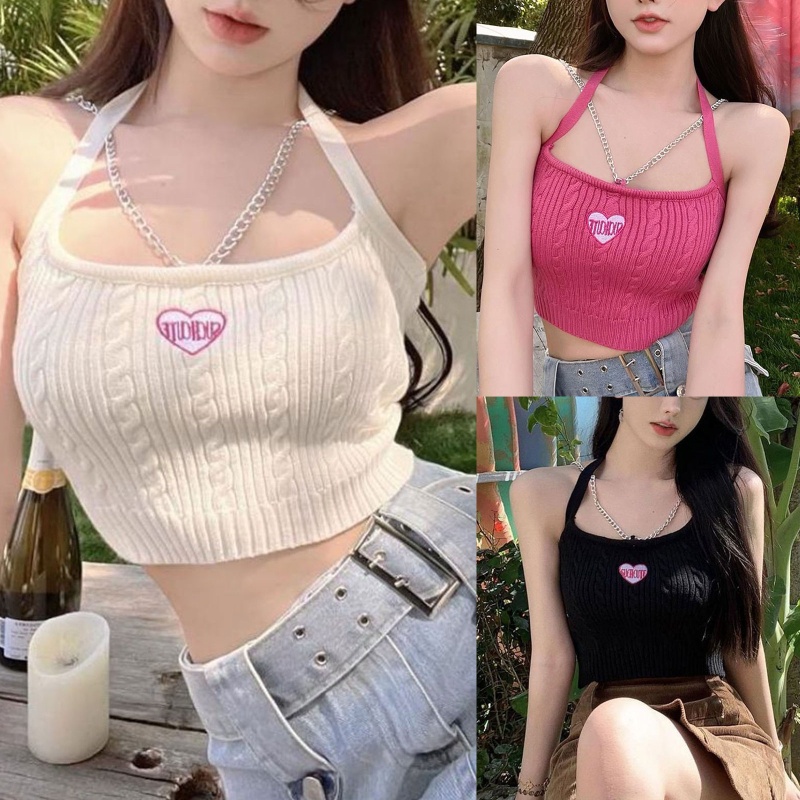 Áo Croptop Dệt Kim Không Tay Dáng Ôm Thêu Họa Tiết Trái Tim Quyến Rũ Cho Nữ