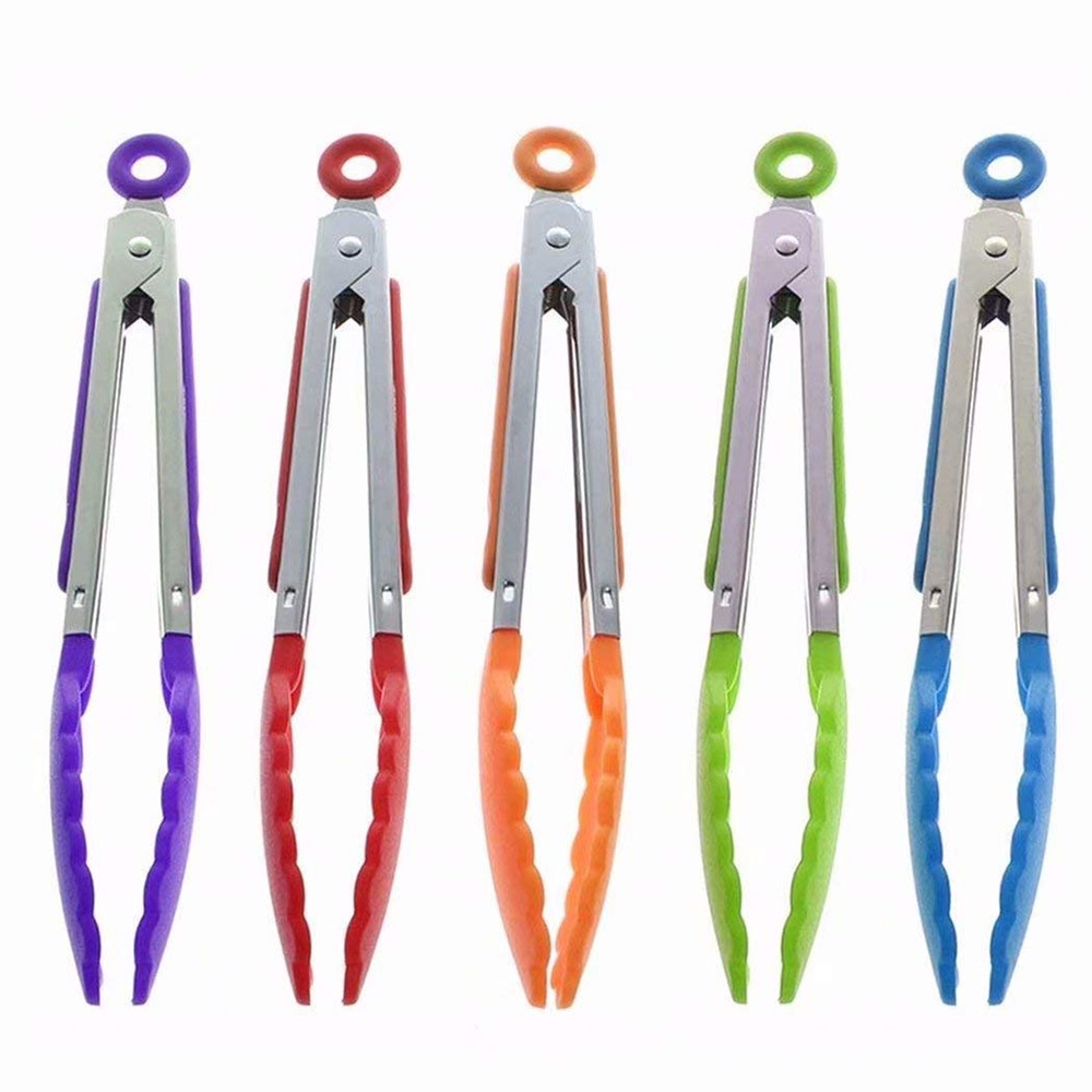 [huite]Stainless Steel Silicone Food Clip Kitchen Tongs Salad Clip Random Color