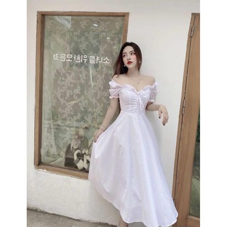 Đầm Bèo Vai Mặc 2 Kiểu, Đan Dây Ngực (TRẮNG)