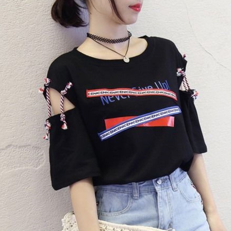 Áo Thun Tay Ngắn Phối Dây Ruy Băng Độc Đáo 162623 Áo Thun Cổ Tròn Dáng Rộng Trễ Vai Theo Phong Cách Preppy